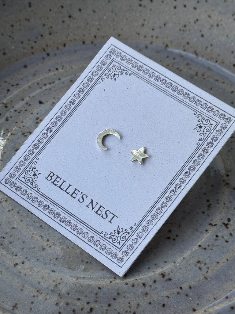 Crescent Moon and Star Stud Earrings