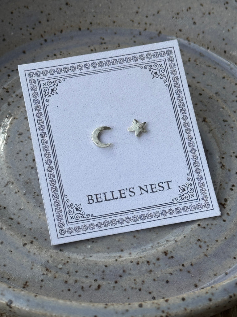 Crescent Moon and Star Stud Earrings